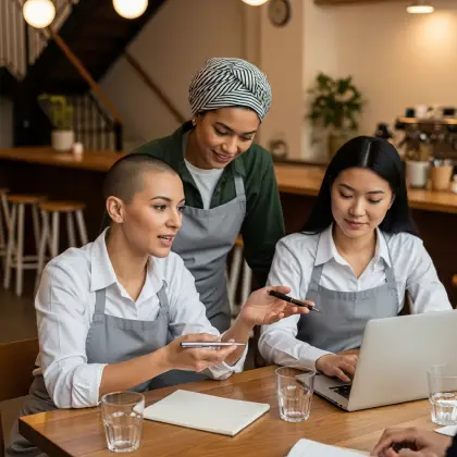 Three women collaborate on a laptop in a restaurant, symbolizing the rise of female entrepreneurship and innovation.